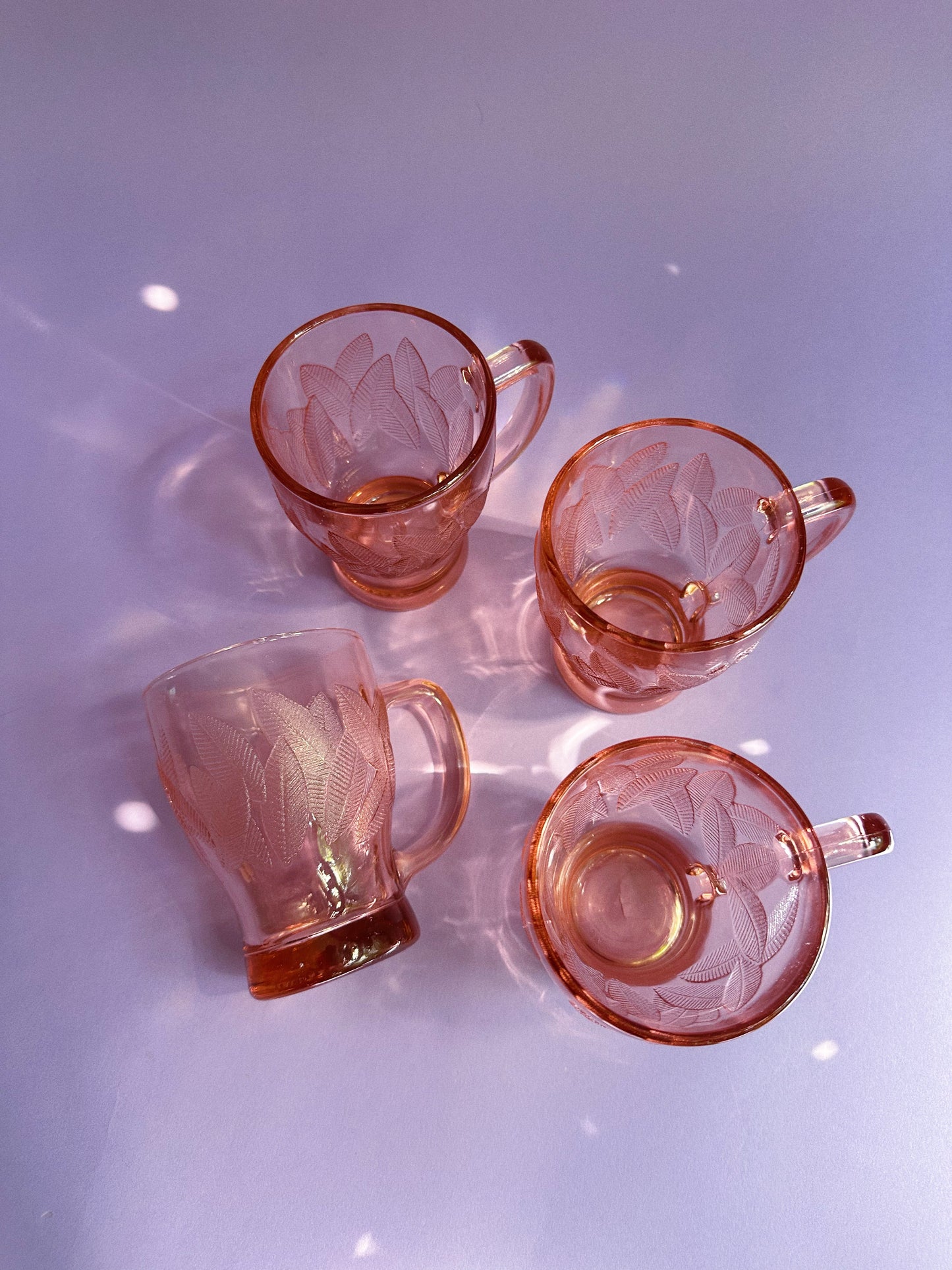 Vintage KIG Indonesia Pink Depression Glass Mugs - Leaf Pattern Set of 4