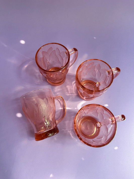 Vintage KIG Indonesia Pink Depression Glass Mugs - Leaf Pattern Set of 4