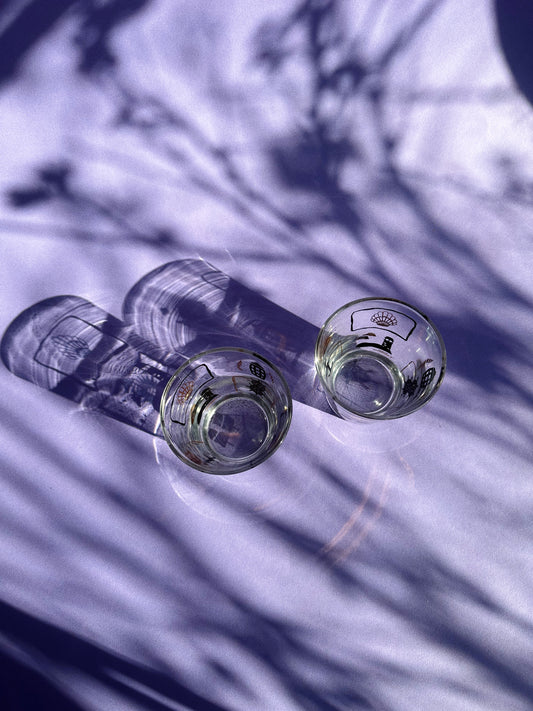 Pair Of Gold Black MCM Rock Glasses Tumblers Anchors Ships Seashells Nautical