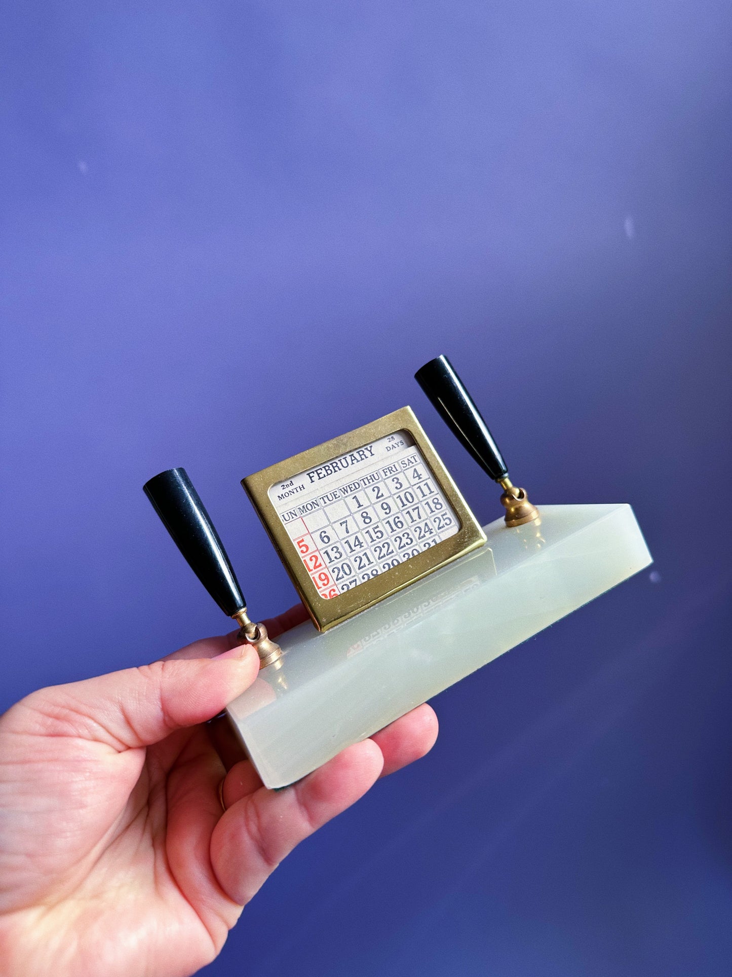 Vintage USA 2 Fountain Pens Marble Holder Perpetual Calendar Brass