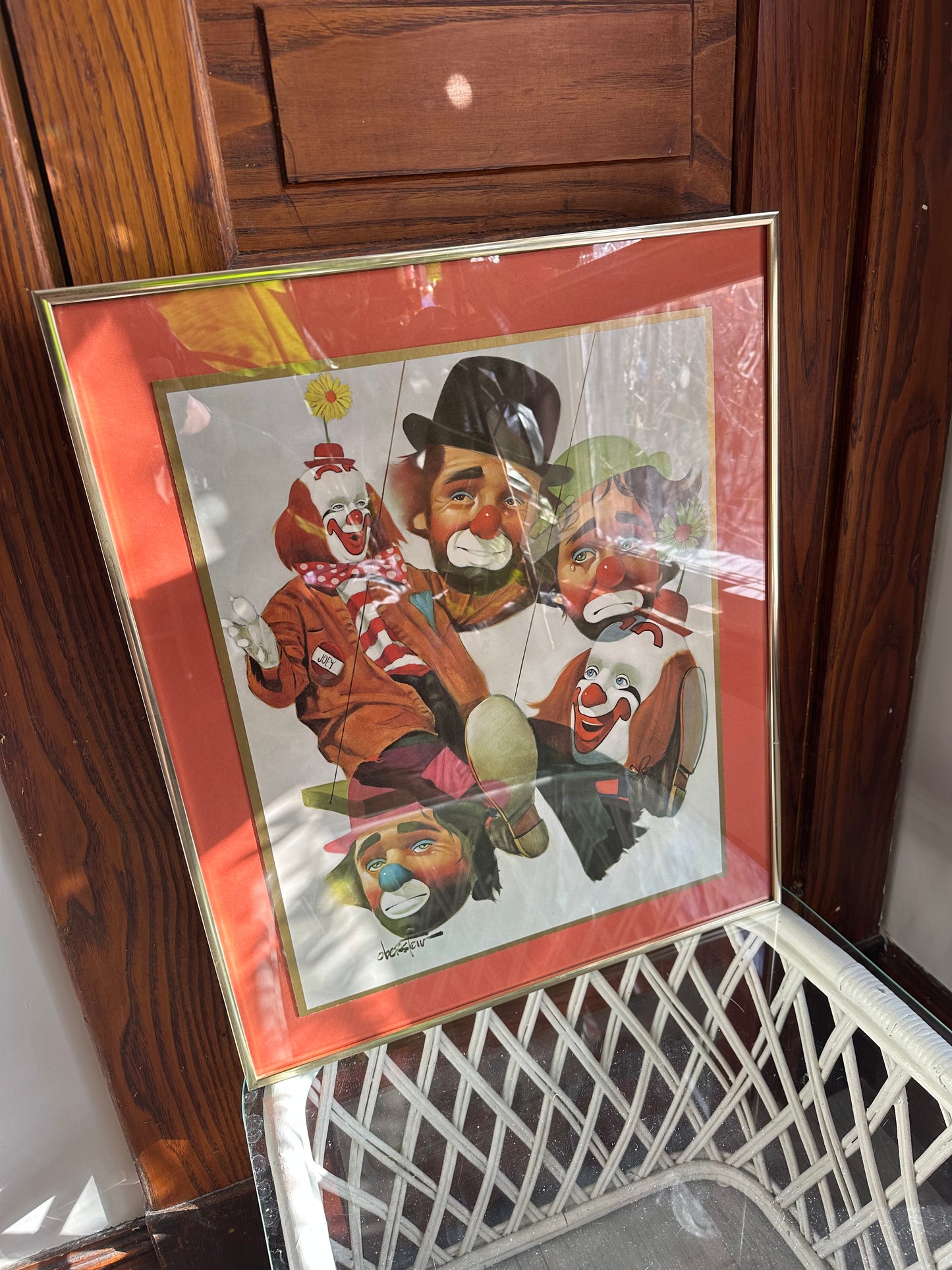 Vintage Chuck Oberstein Clowns Sad Signed Print Brass Framed