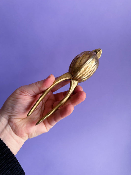 Vintage Old Handcrafted Brass Line Engraved Walnut Cracker Kitchen Tool