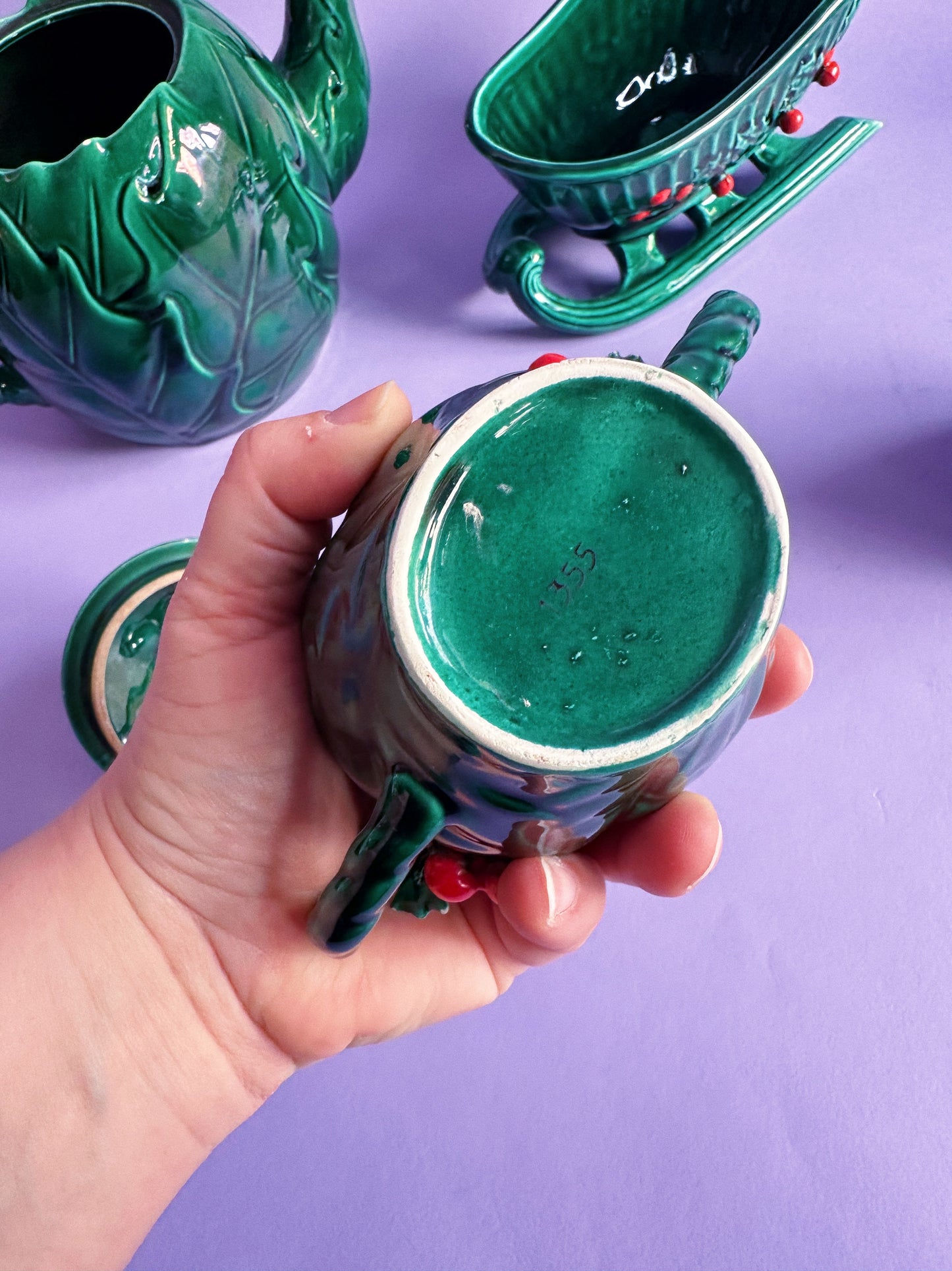 Vintage Lefton Ceramic Set Green Holly Red Berry Teapot, Sugar, Creamer & Sleigh