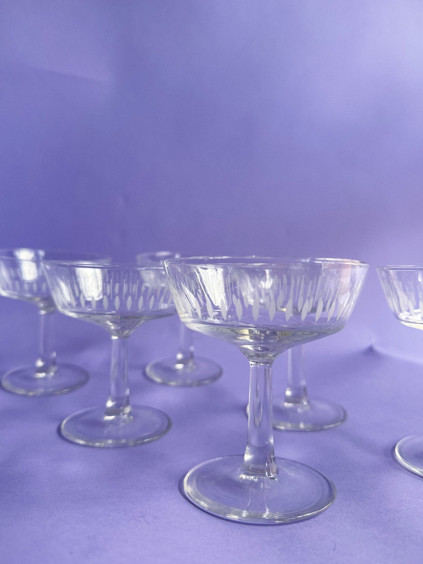 Vintage Set of 6 French Champagne Coupes With Etched Design Made in France
