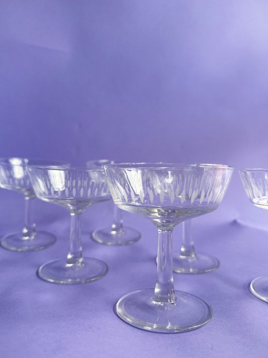 Vintage Set of 6 French Champagne Coupes With Etched Design Made in France