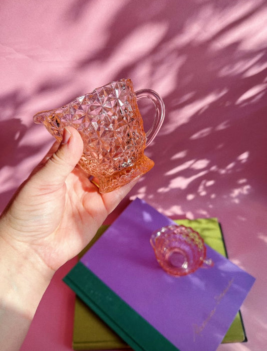 Pair Of Jeanette Glass Buttons and Bows Pattern Pink Depression Creamers