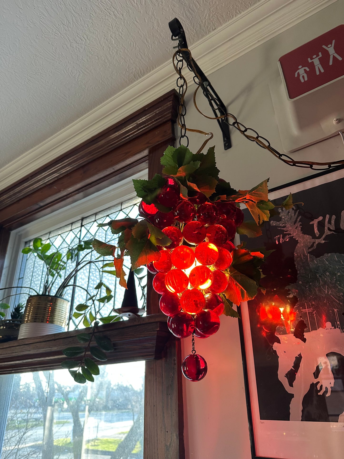 Vintage Large MCM 60s Hanging Swag Lamp of Lucite Grapes Red Cluster Vines Heavy