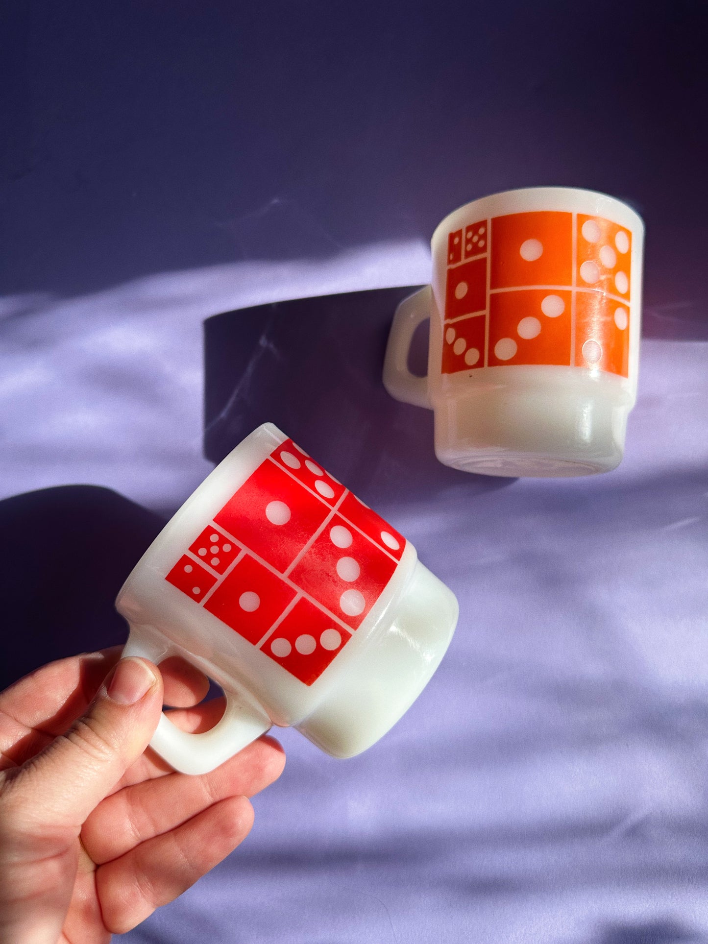 Vintage Orange & Red Domino Stacking Fire King Milk Glass Mugs