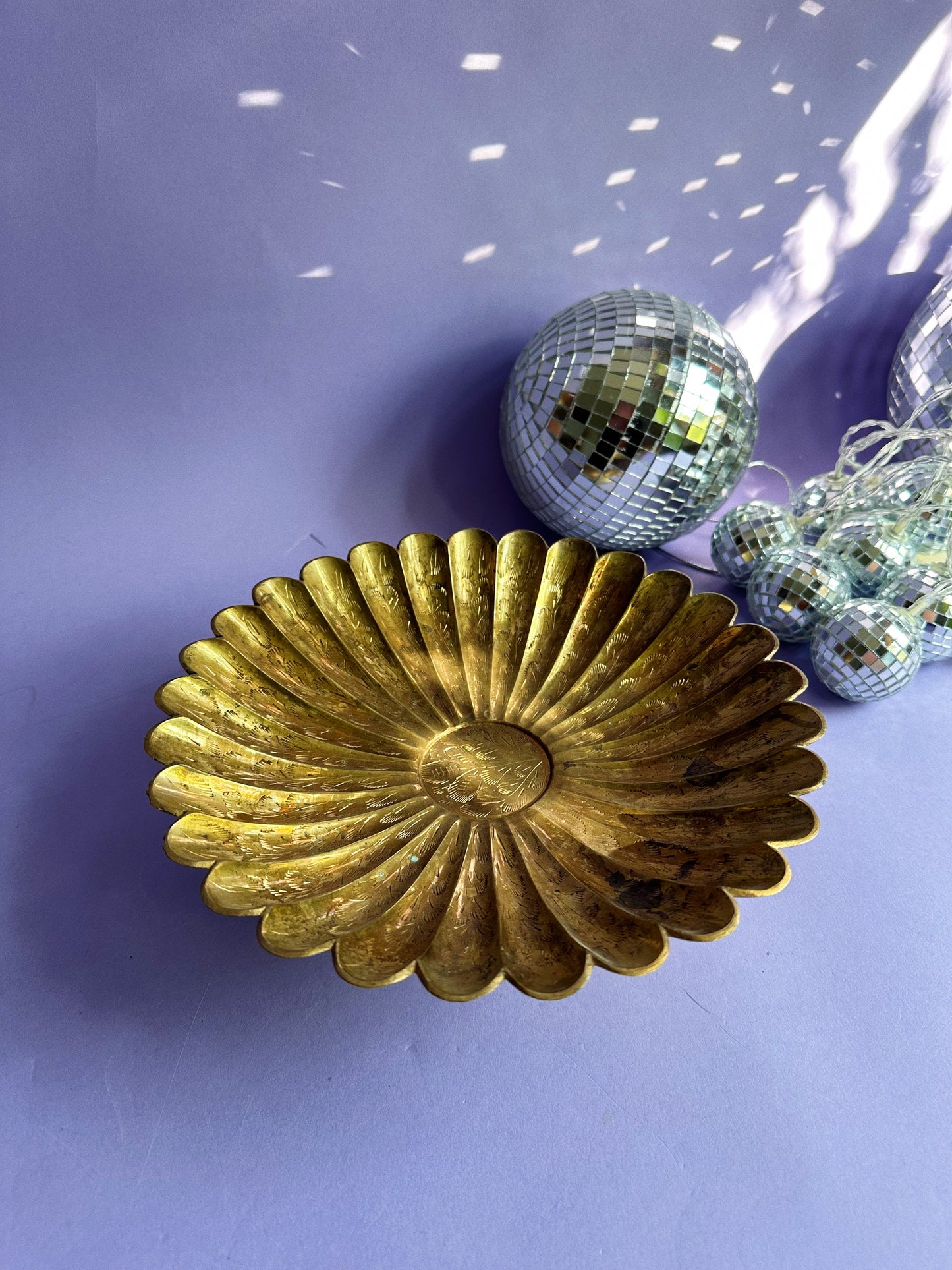 Gorgeous Vintage Etched Brass Daisy Shaped Footed Platter