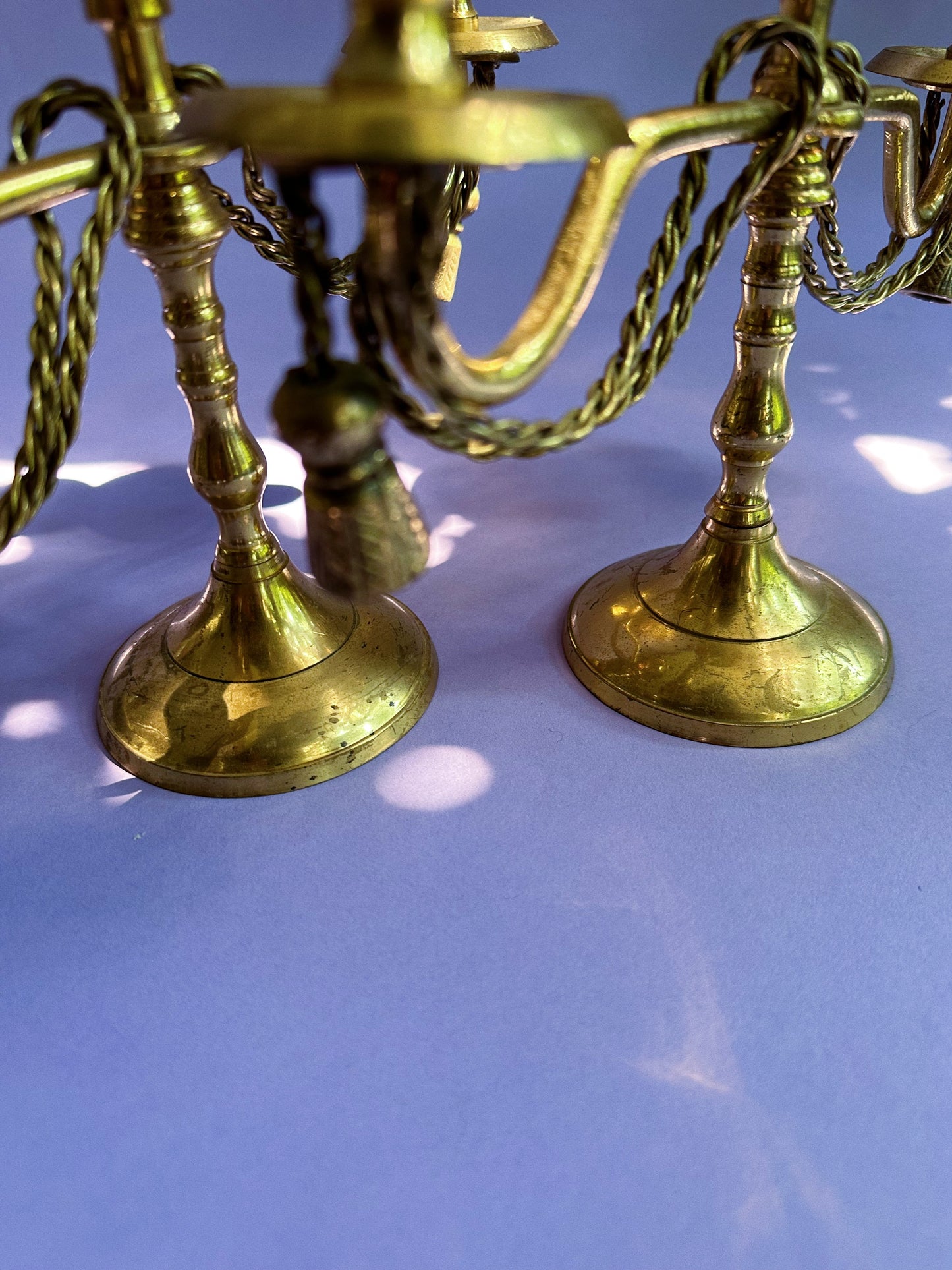 Pair Of Vintage Brass 3 Arm Candelabra Candles Braided Rope Goth Victorian
