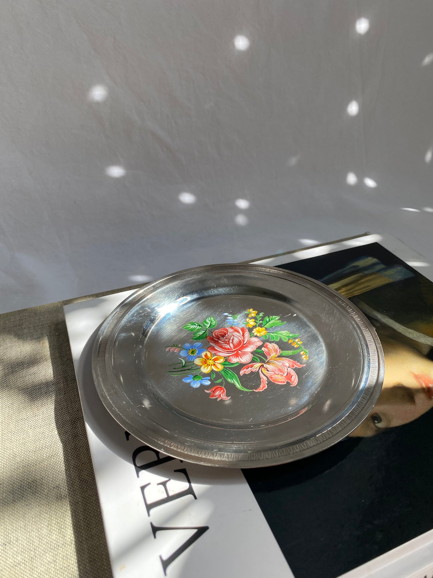 Vintage Stainless Steel Floral Plate