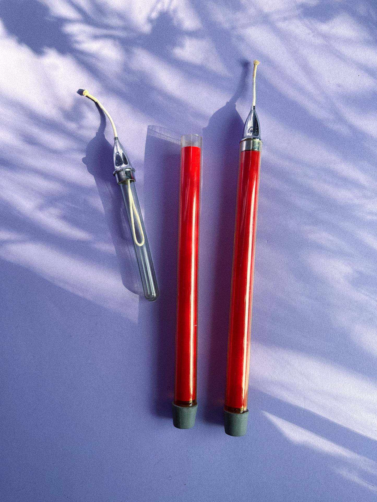 Vintage MCM Red Milbern 12" Refillable Lighter Fluid Burning Candle Tapers