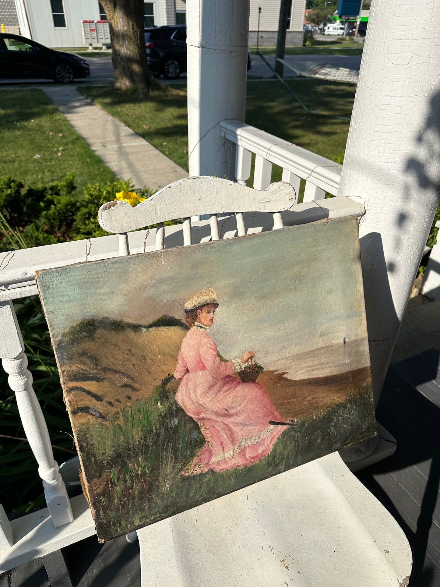 Victorian Oil-On-Canvas Young Lady By The Shore, Boat, Basket Flowers, Unframed