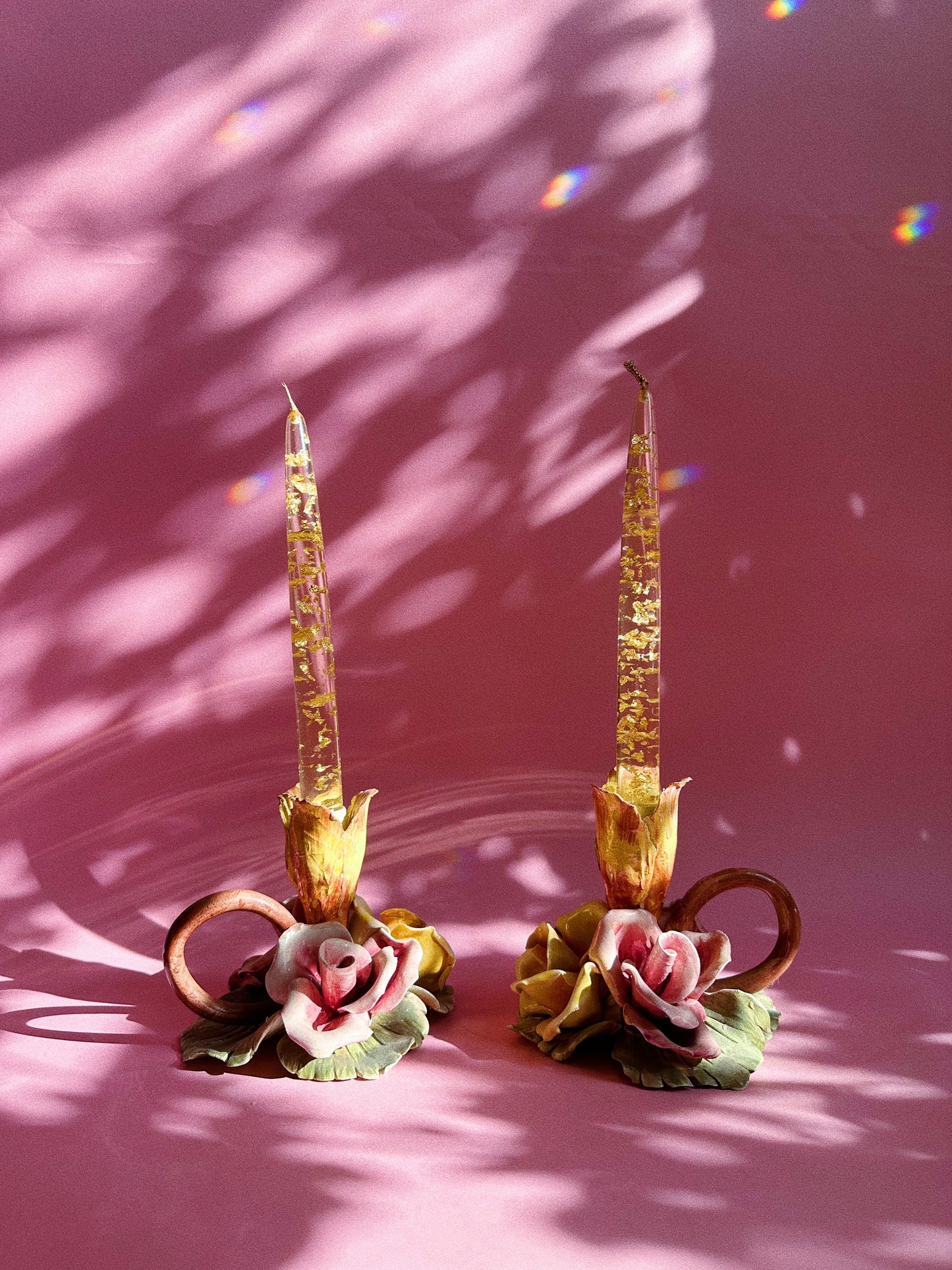 Pair Of Vintage Capodimonte Flower Candle Holder Chamber Candlesticks Italy Made