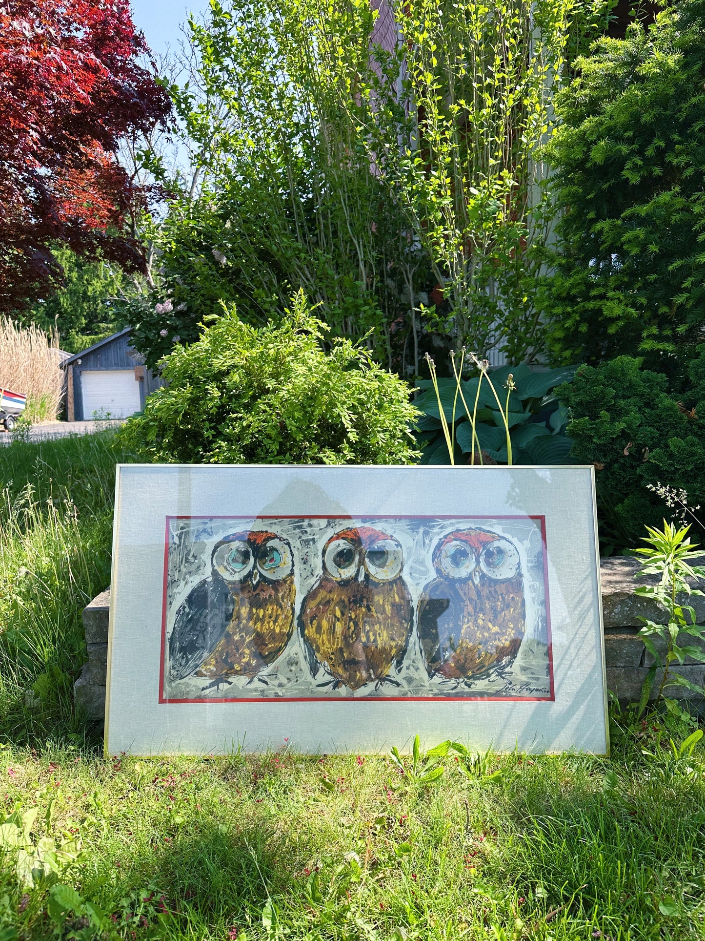 Large MCM 3 Owls Matted & Framed Art by John Hoyman 1960s