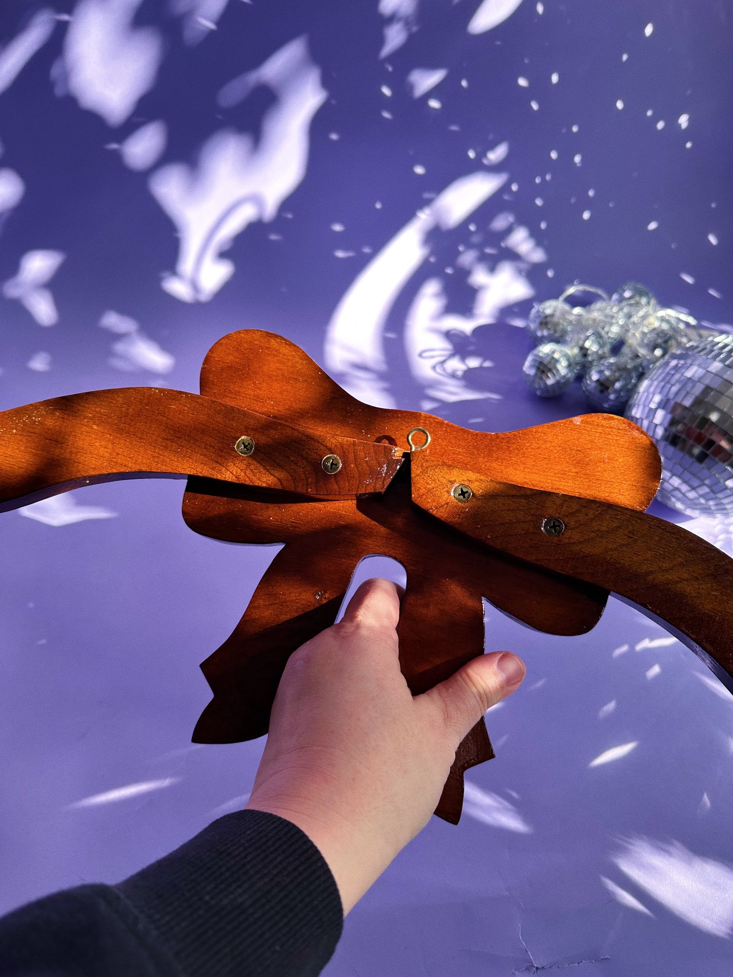 Vintage Handmade Large Wood Bow Wall Hanging For Scarves / Coats / Keys