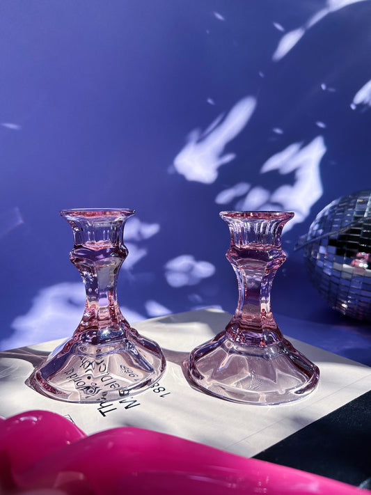 Pair Of Vintage Purple Amethyst Depression Glass Candlestick Candle Holders