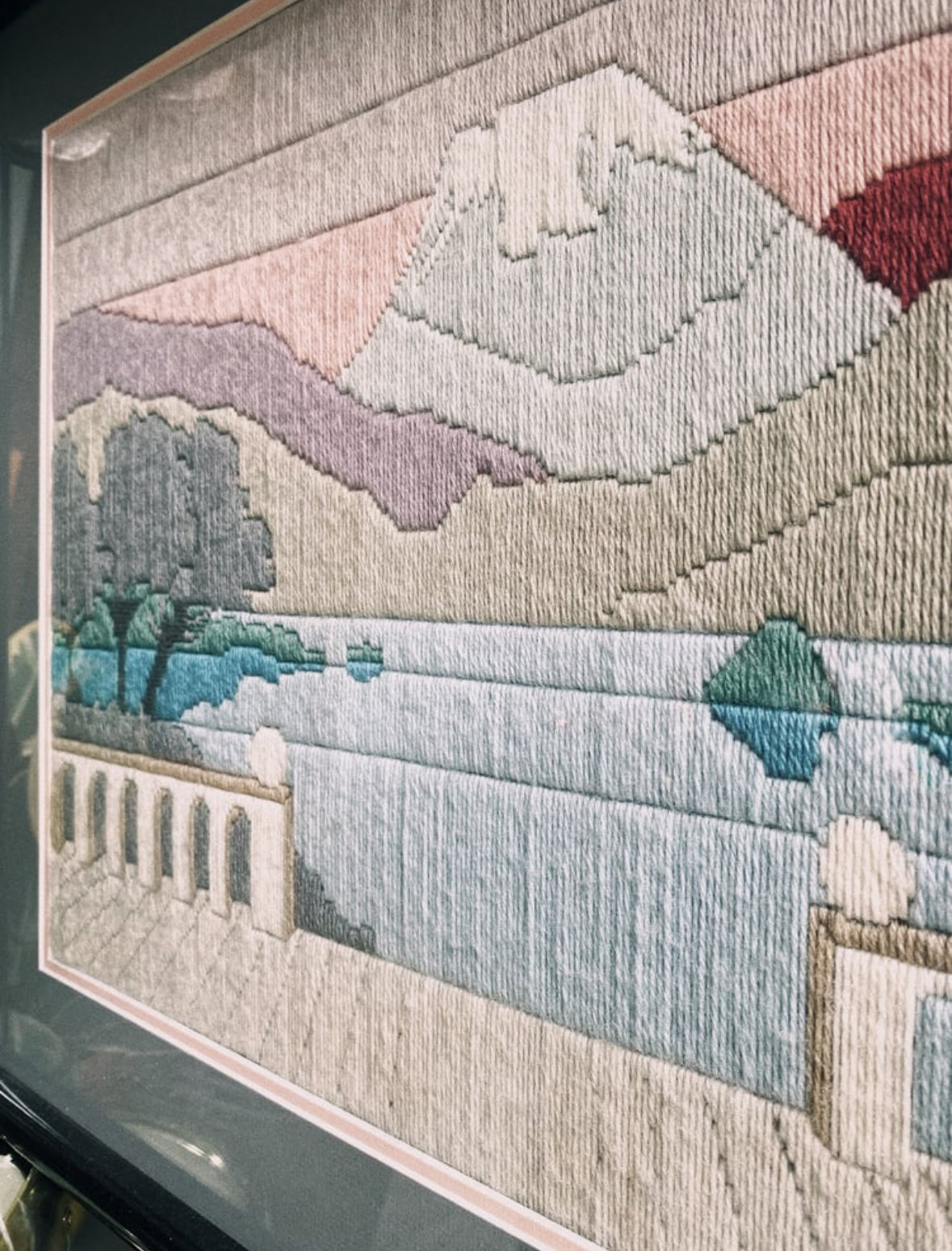 Beautiful Vintage Framed Sunset Crewel Art