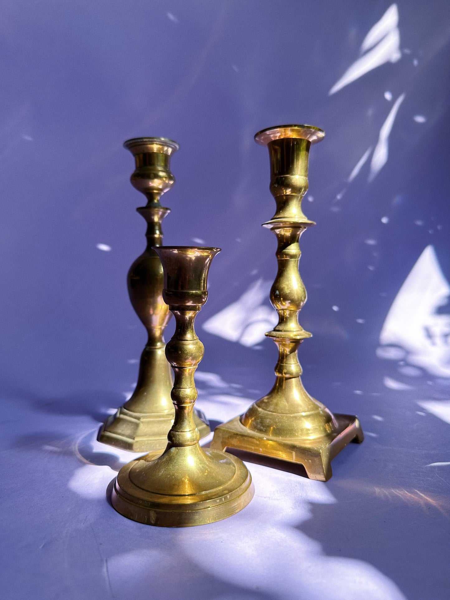 3 Vintage / Antique Mismatched Brass Candlesticks