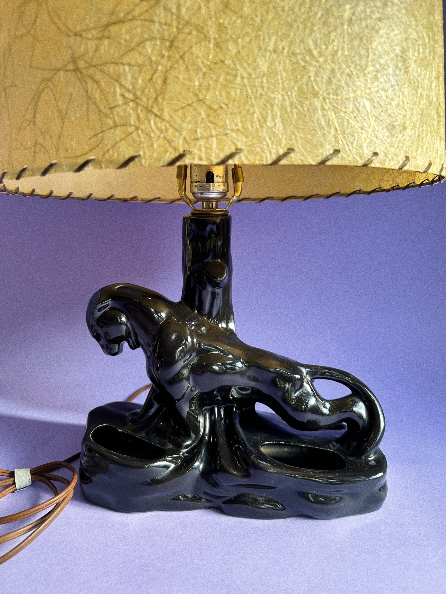 Vintage Mid-Century Modern Black Panther / Leopard TV Lamp w/ Fiberglass Shade