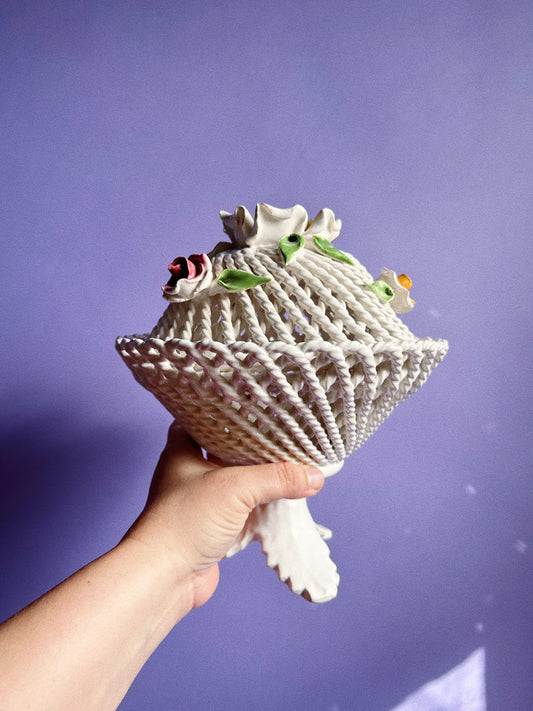 Vintage Lidded Capodimonte Weaved Basket Dish