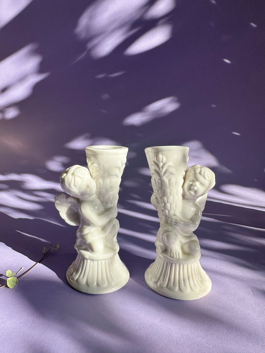 Vintage Ceramic Cherub Candlestick Pair
