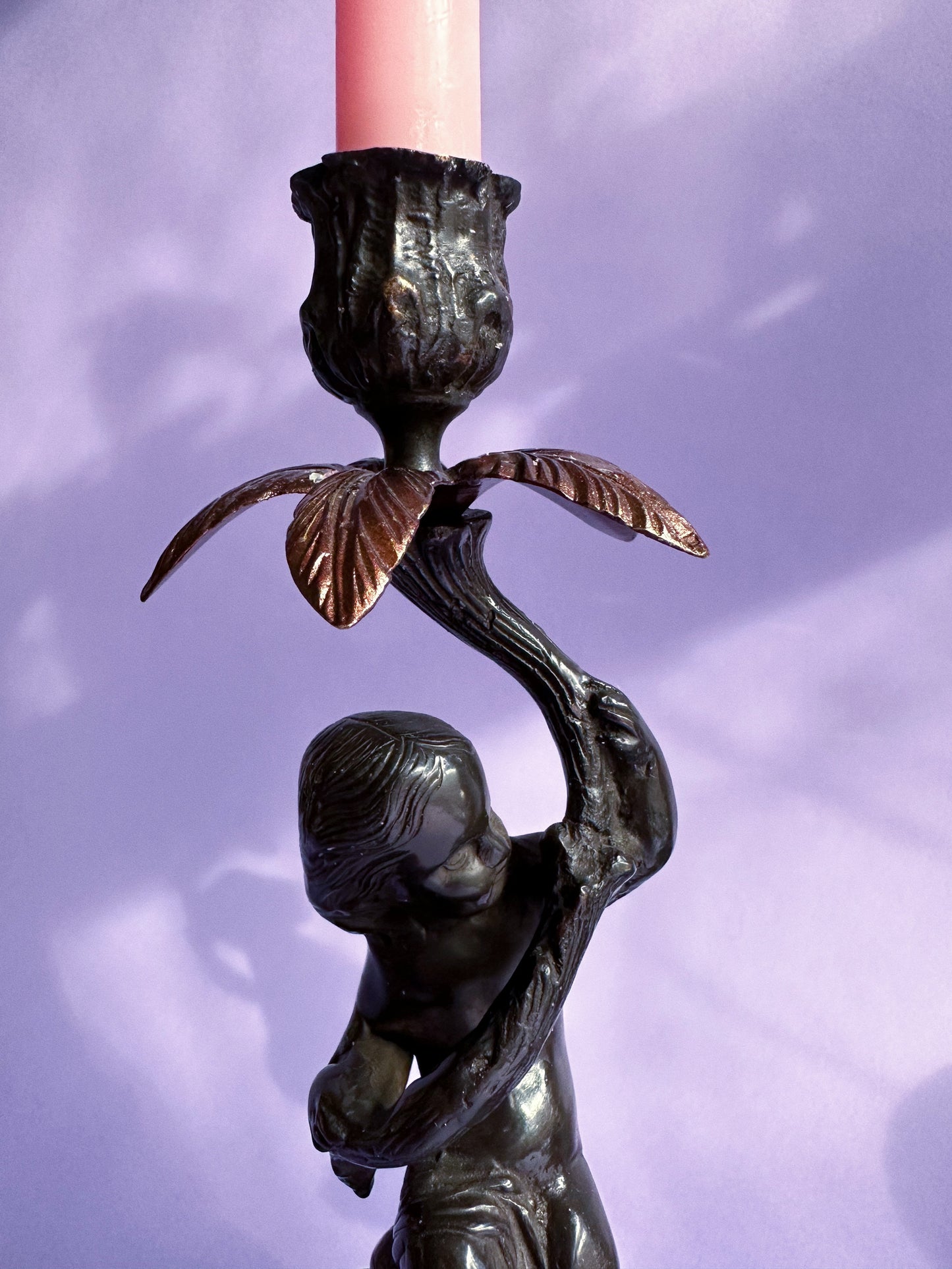 Pair Of Vintage Antique Heavy Cast Metal Cherub Candlesticks