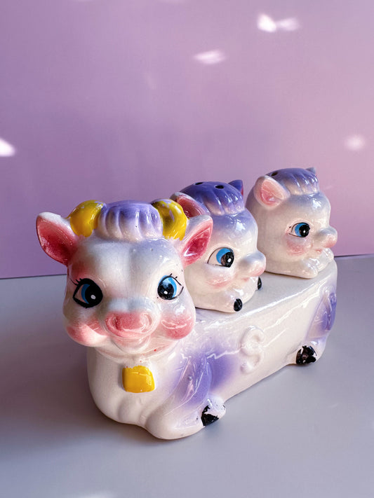 Vintage Cow Salt & Pepper Shakers Anthropomorphic Holder Set 1950s Japan Ceramic