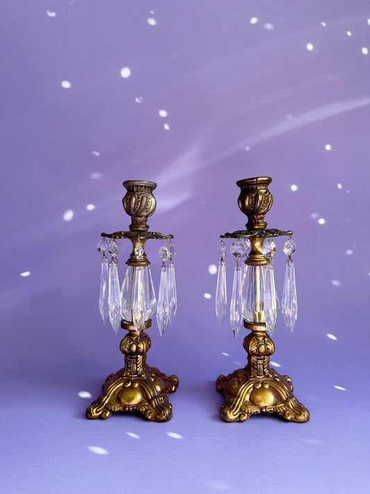 Pair Antique Hollywood Regency Style Ornate Gold Cast Brass Candlestick Holders