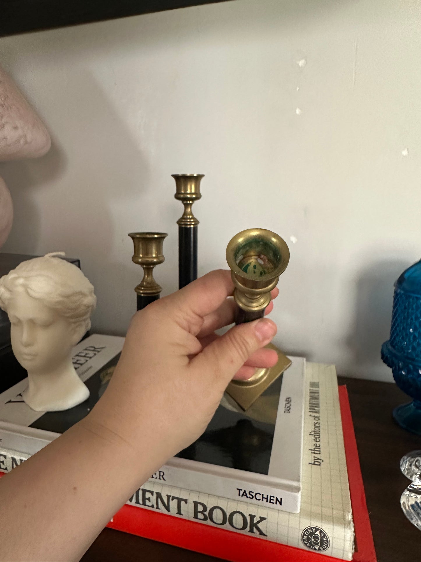 Beautiful Vintage Set of Three Solid Brass Candlesticks - Enameled Centers