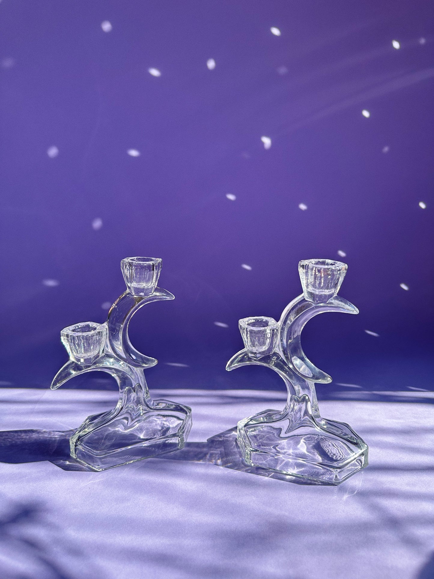 Vintage Manganese Crystal Moon Candlesticks