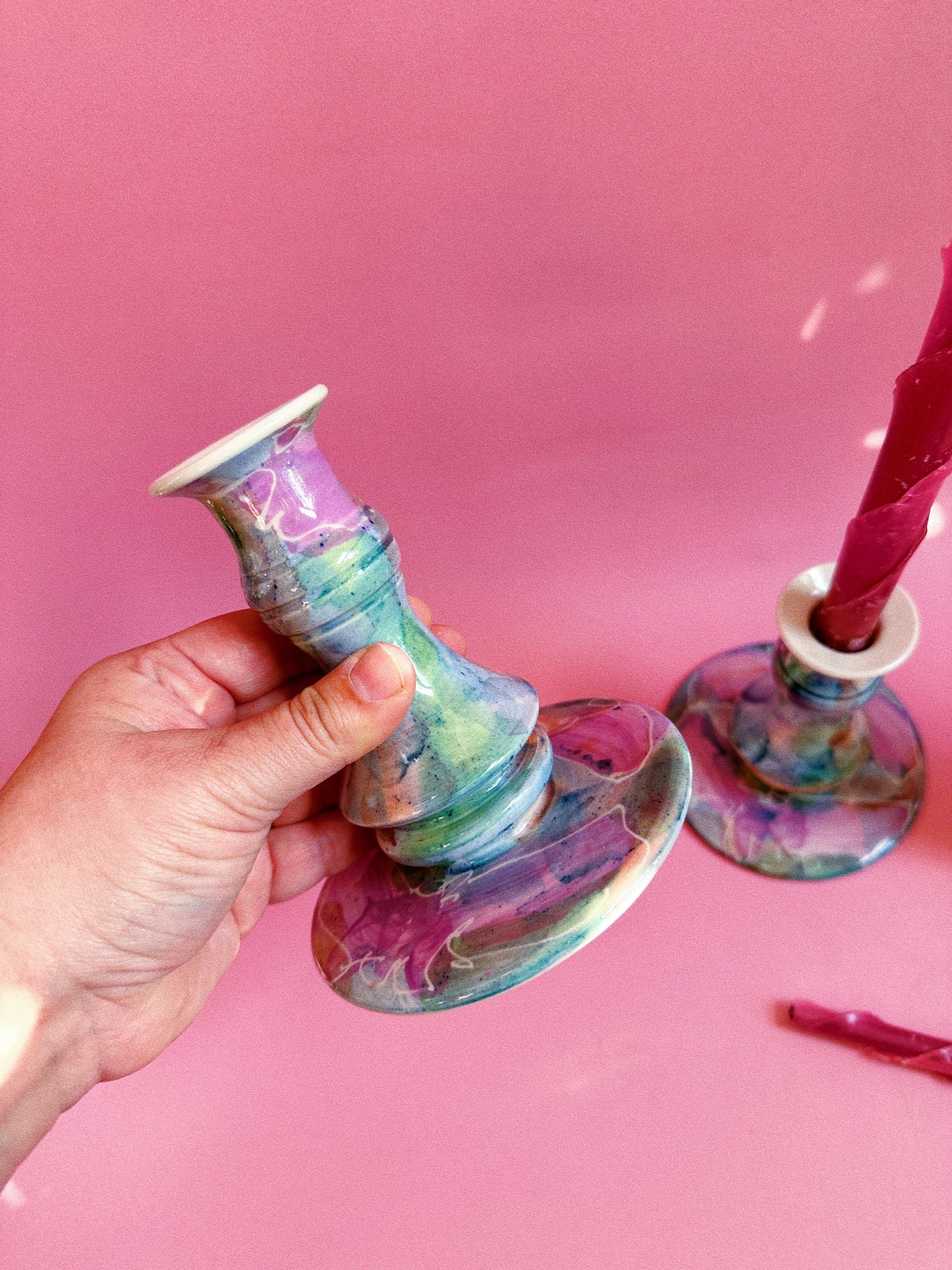 Vintage Ceramic Watercolour Glazed Candlesticks