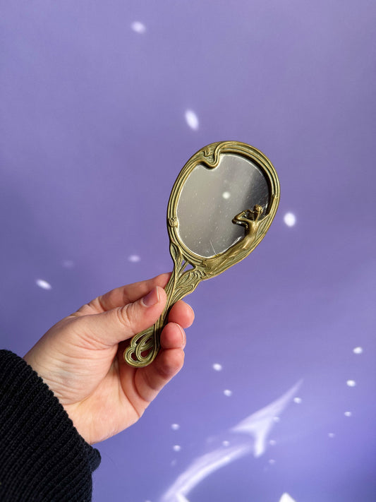 Mini Vintage Brass Lady In The Lake Hand Mirror
