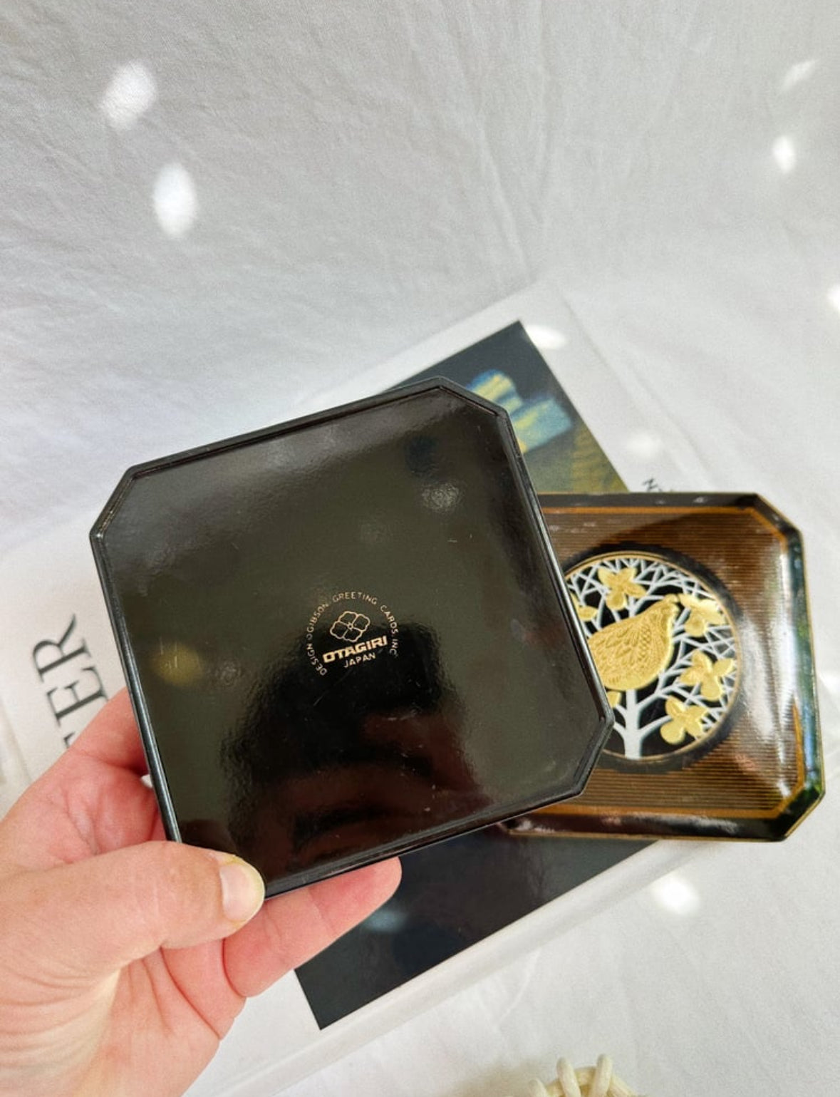Vintage Otagiri Japan Black and Gold Lacquered Golden Pheasant Coasters in Box