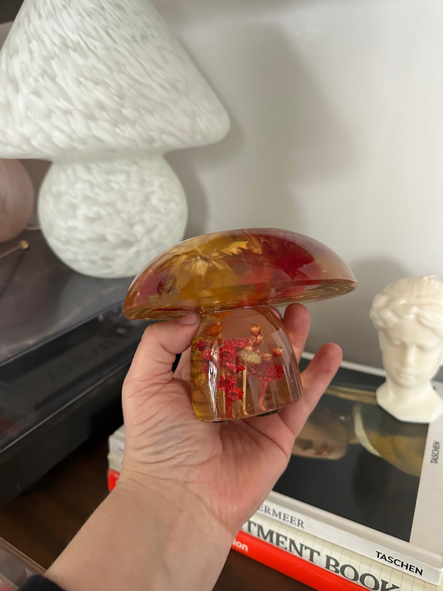 Vintage 70s Lucite Resin Mushroom w Preserved Dried Red Yellow Flowers