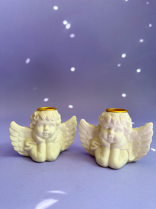 Pair of Sweet Cherub Ceramic Candlesticks for Taper Candles