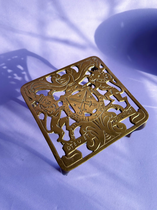 Antique Brass Tea Pot Stand, Royal Coat of Arms Design Vintage Solid