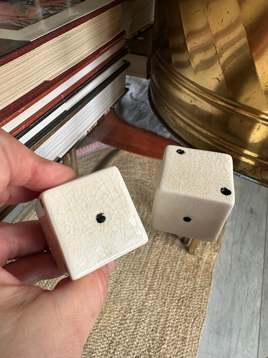 Vintage Pair Of Ceramic Dice Salt & Pepper Shakers w/ Cork Plugs