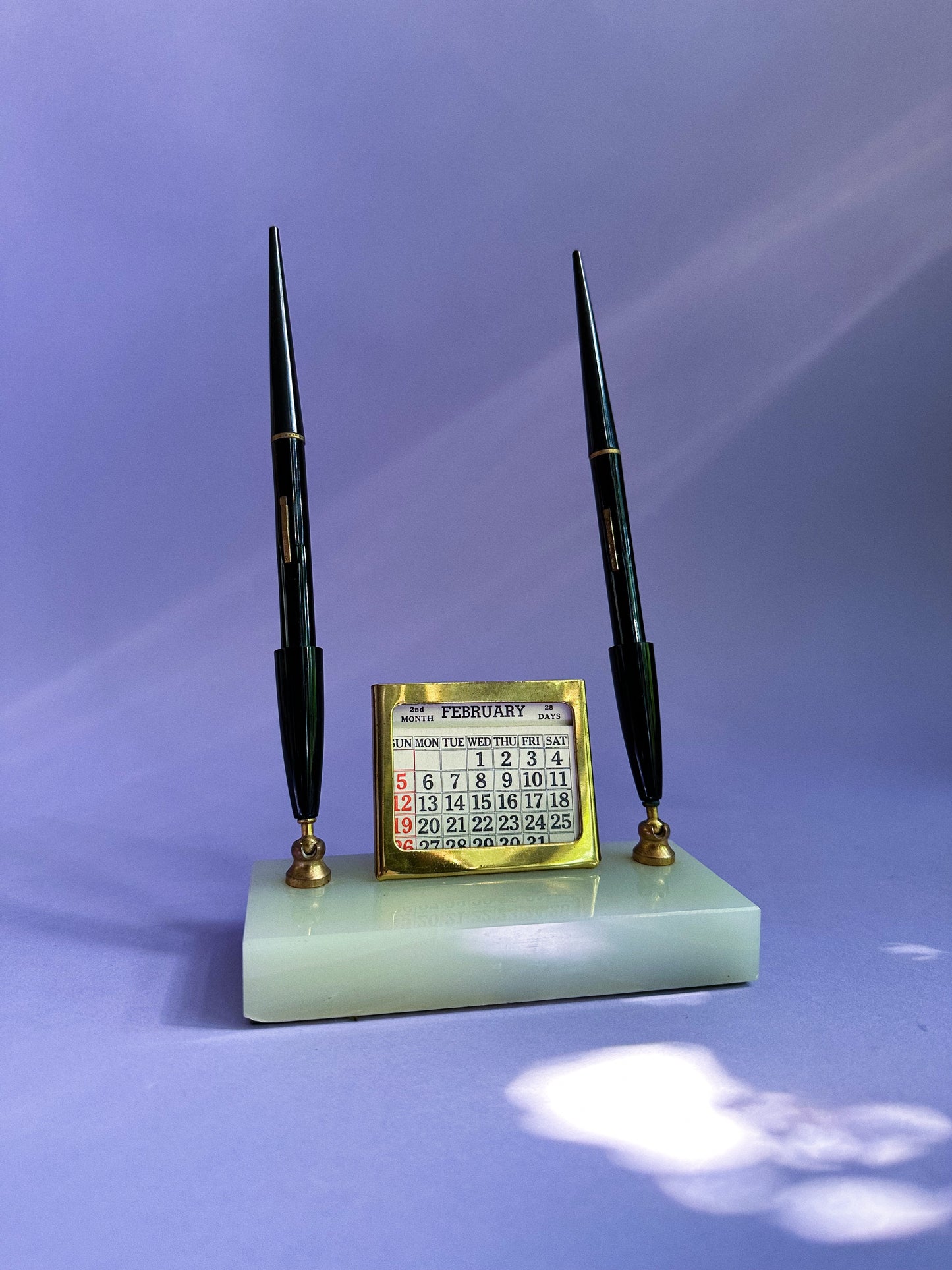 Vintage USA 2 Fountain Pens Marble Holder Perpetual Calendar Brass