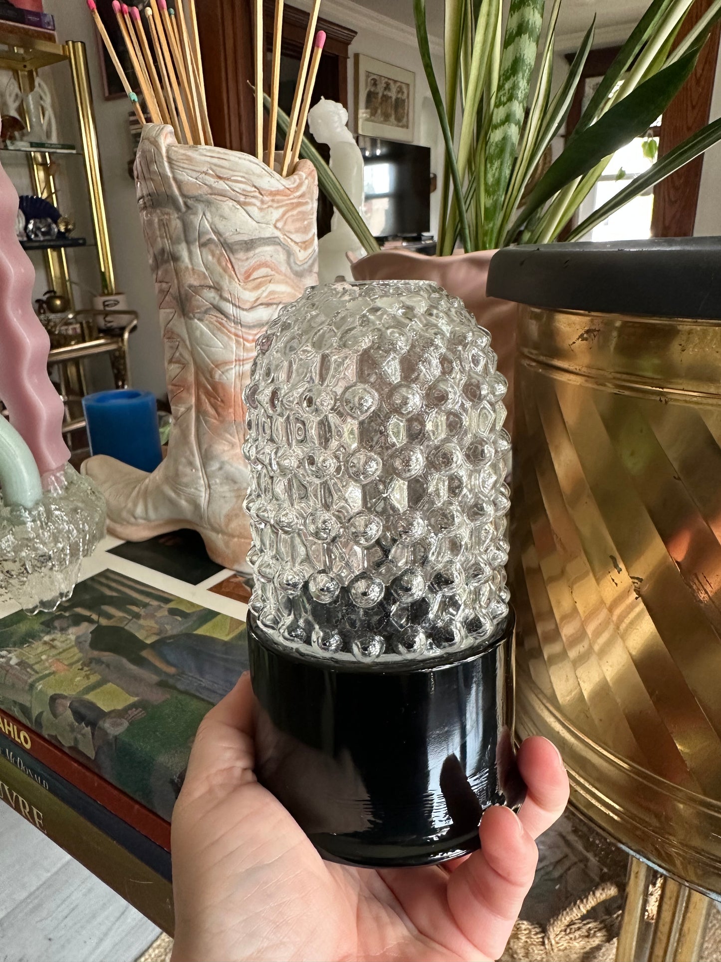 Mosser Hobnail Glass Courting Fairy Light Lamp with Black Glass Base