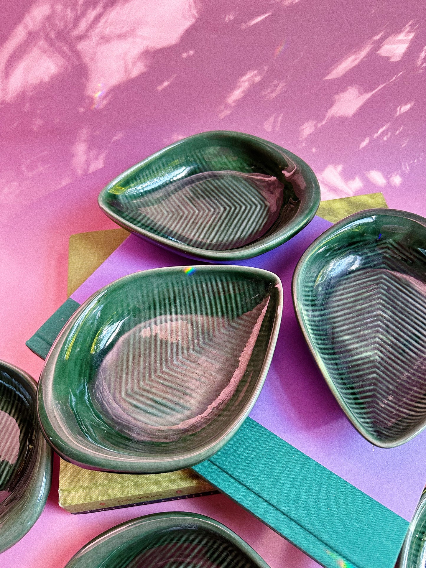Set of 6 Green Leaf Glazed Pottery Serving Dishes