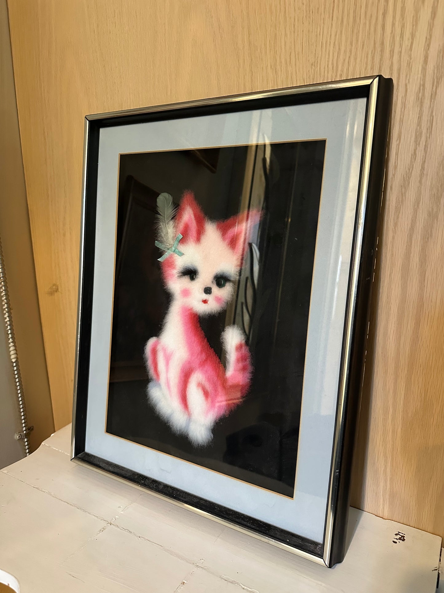 Vintage Japanese Matsuhato Bunka Punch Embroidery Pink Cat Framed