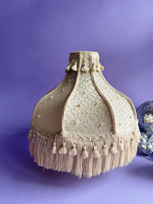 Vintage Boudoir Table Lamp Shade Ivory Cream Fringe Scallop Pearls Tassel
