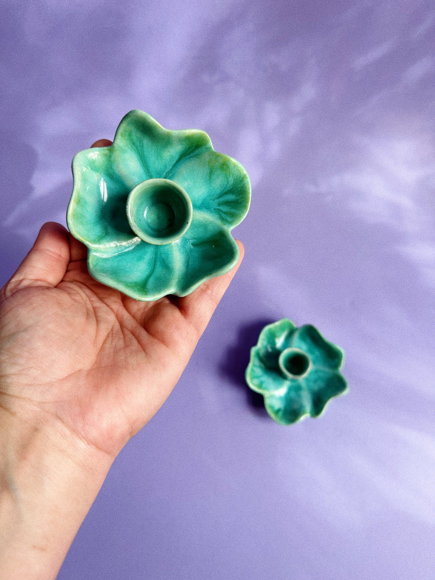 Vintage Ceramic Teal Flower Candlesticks