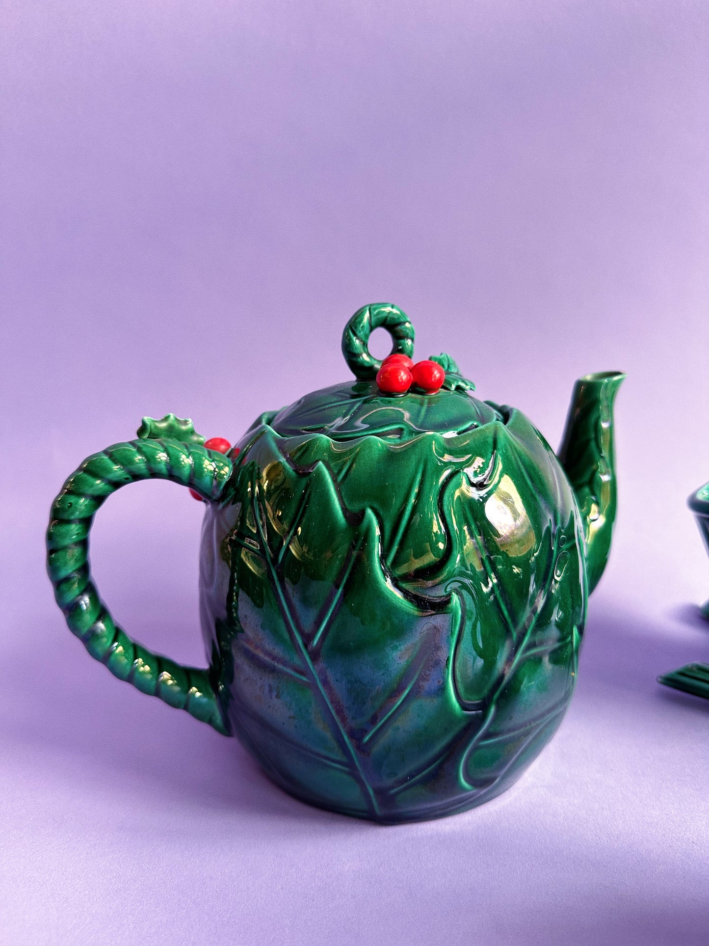 Vintage Lefton Ceramic Set Green Holly Red Berry Teapot, Sugar, Creamer & Sleigh