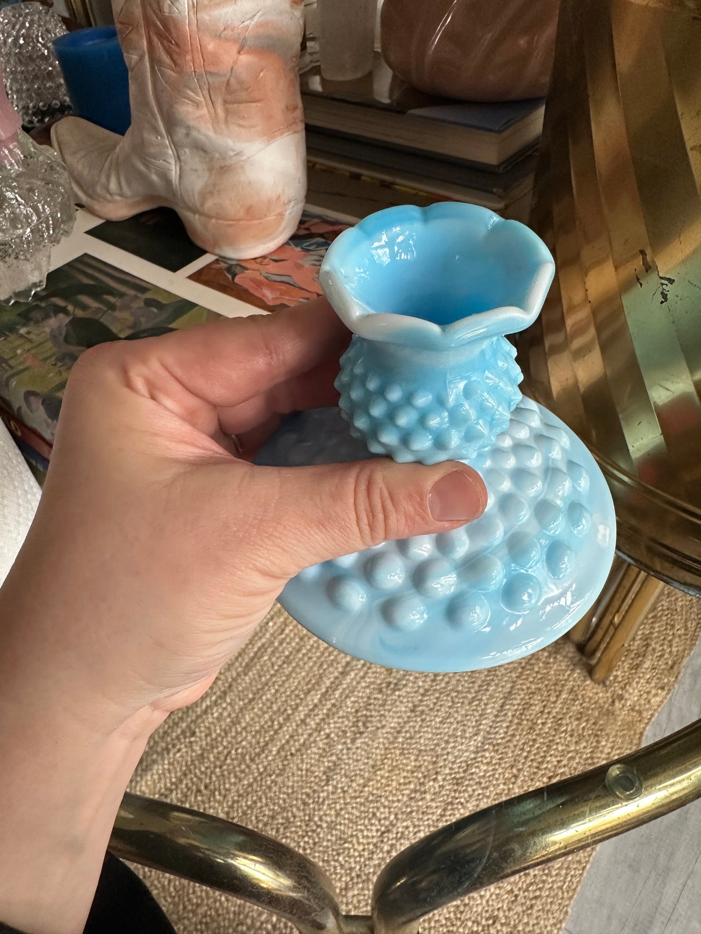 Vintage Fenton Blue Hobnail Glass Candlestick Pair Slag Glass