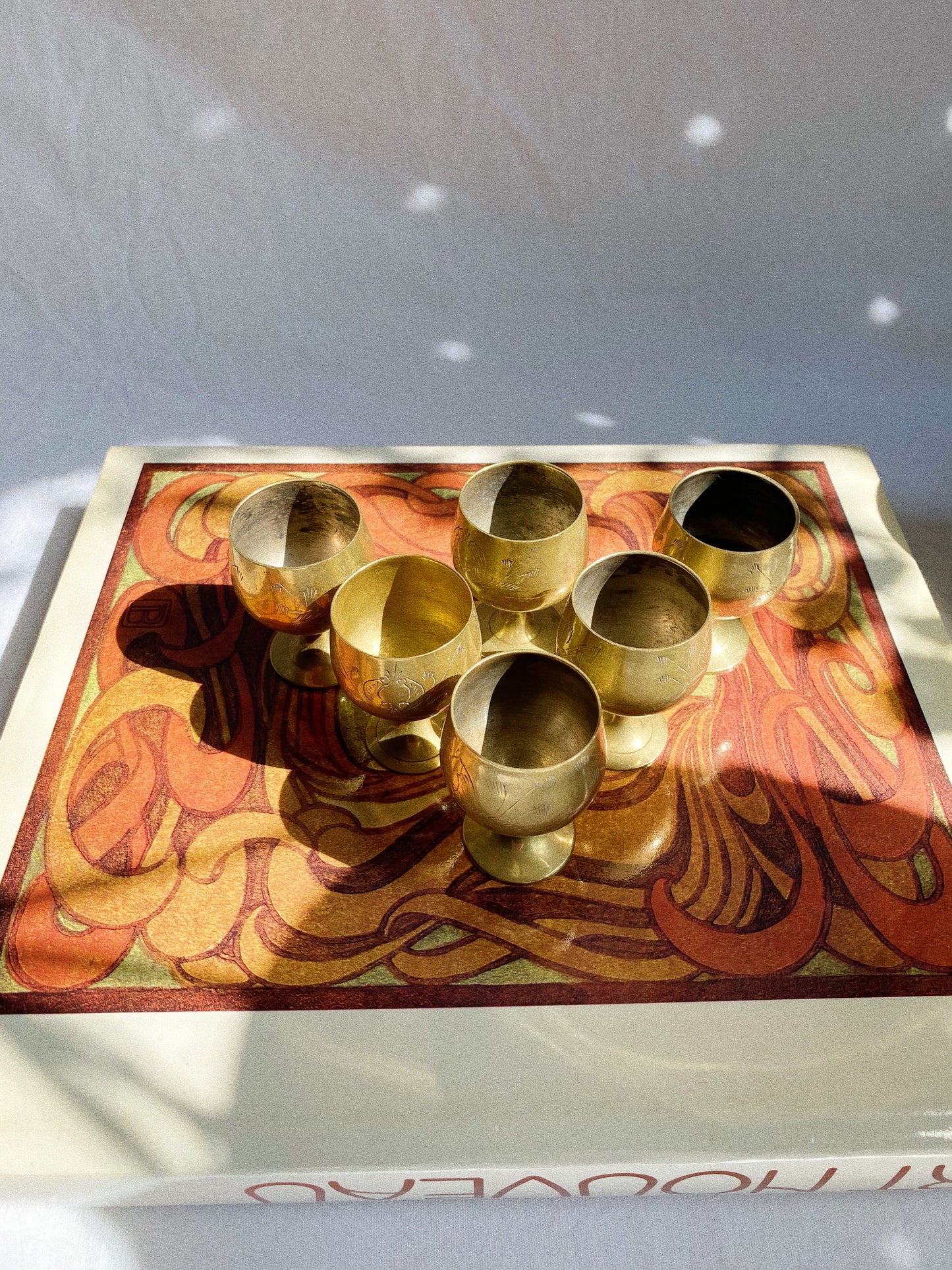 Set of 6 Vintage Etched Brass Footed Shot / Liquor Glasses