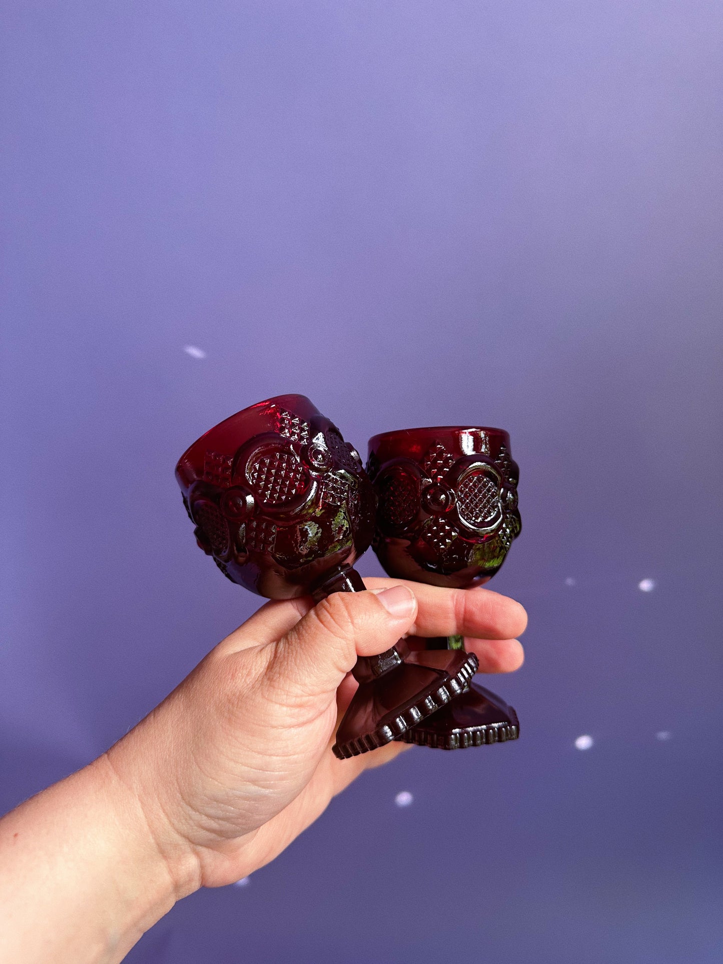 Pair Of Vintage Avon Cape Cod Ruby Red 1876 Wine Goblets Hexagonal Bottom Foot