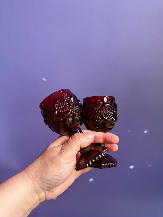 Pair Of Vintage Avon Cape Cod Ruby Red 1876 Wine Goblets Hexagonal Bottom Foot