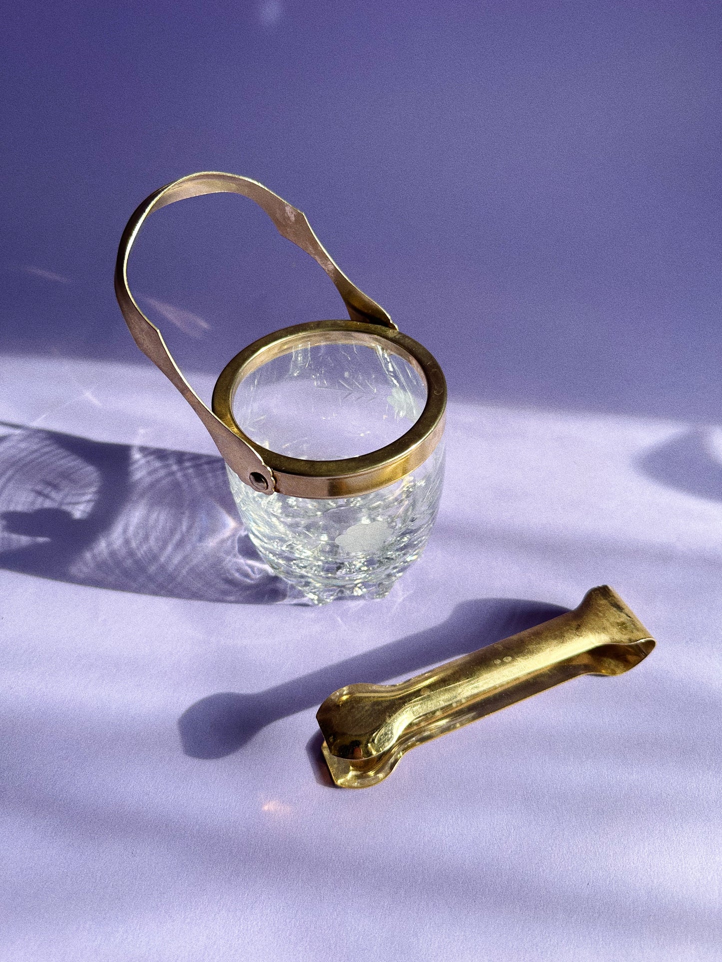 Vintage Etched Personal Sized Crystal Ice Bucket Italy Brass